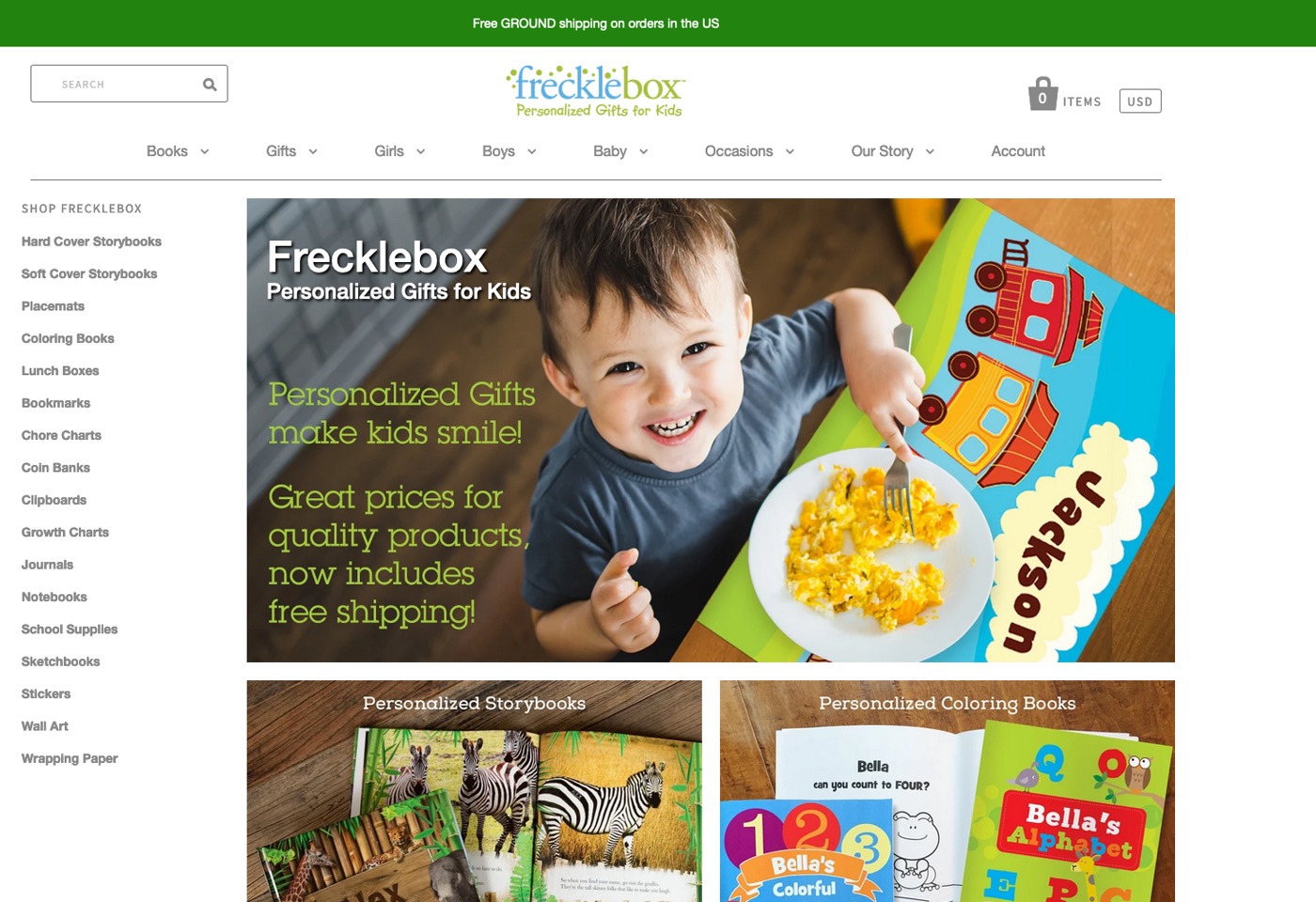 Frecklebox storefront home page with personalized gifts for kids