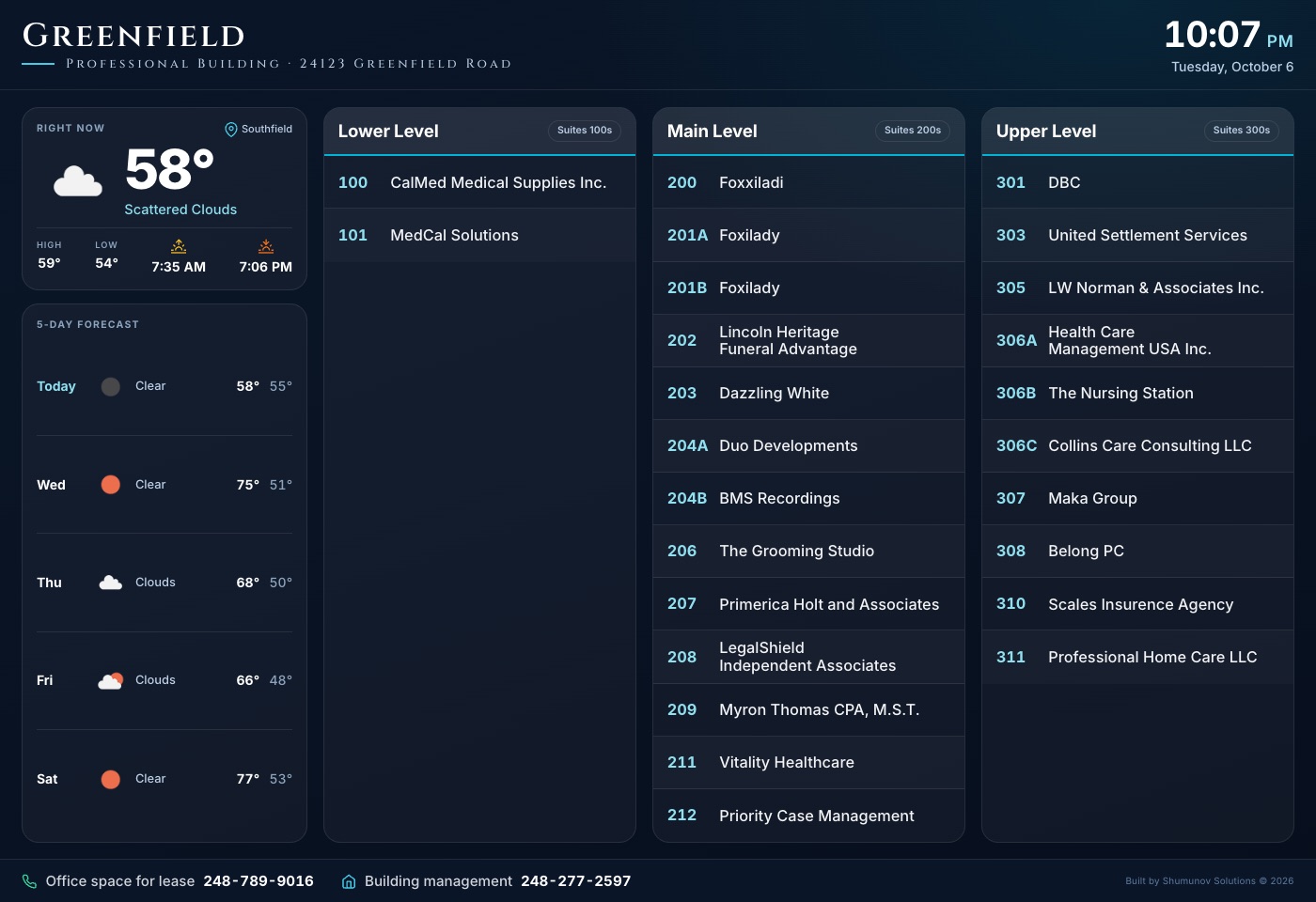 Greenfield Professional Building lobby screen listing tenants by floor beside the live weather and time
