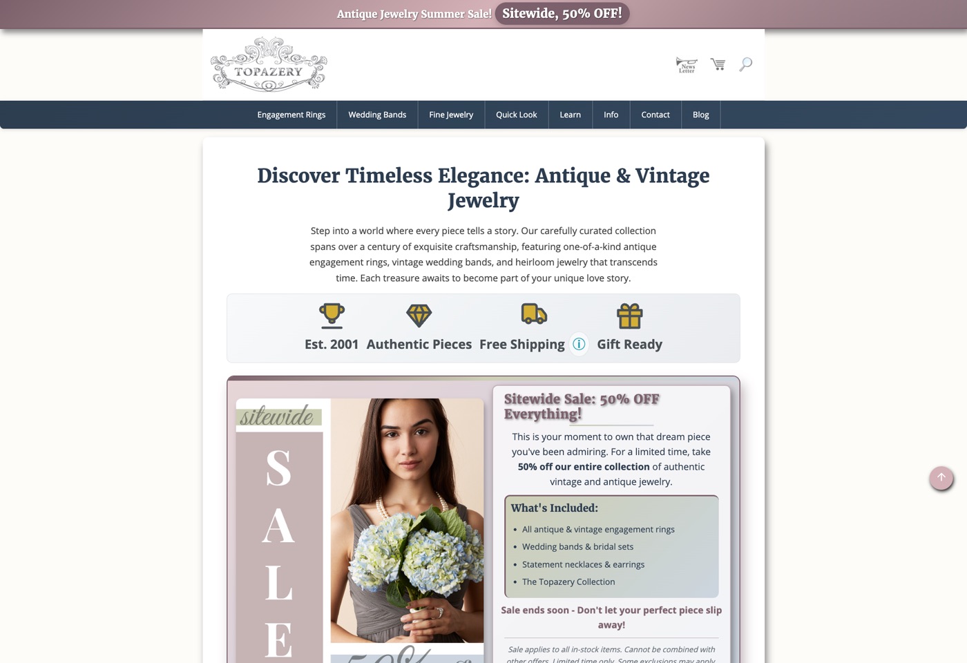Topazery home page after the redesign