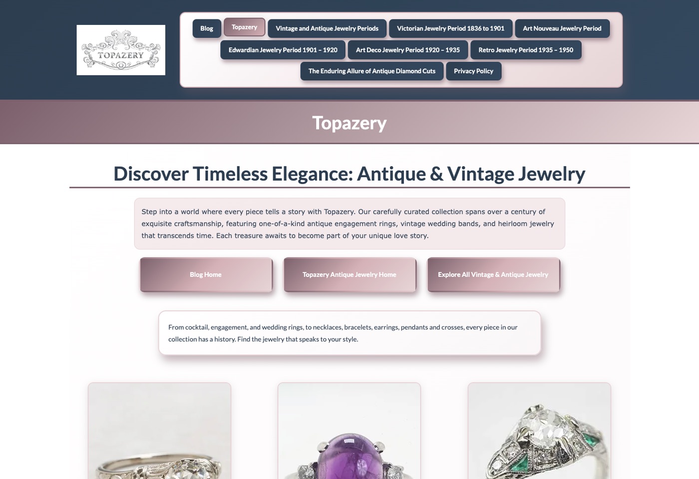 Topazery Blog home page with jewelry editorial articles